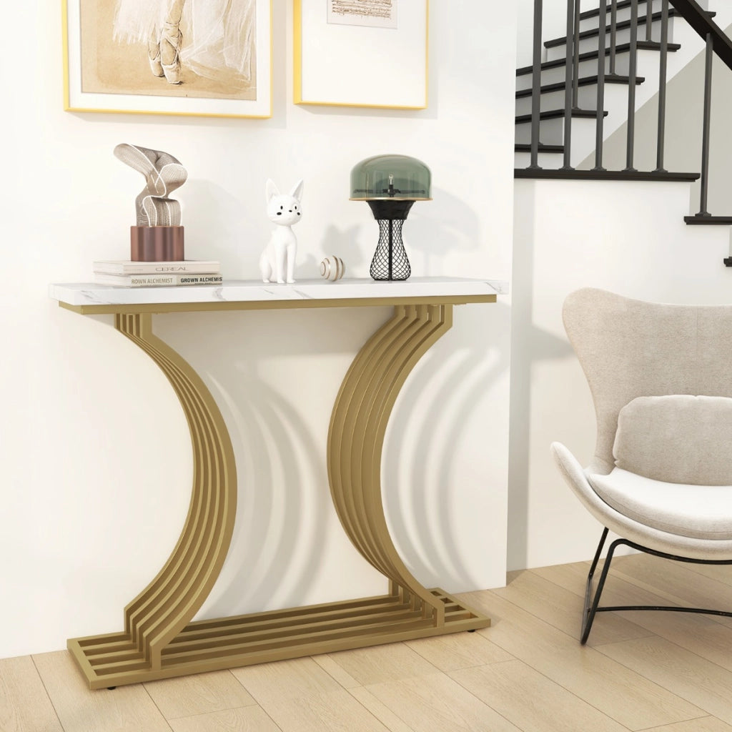 Consolle con piano in finto marmo bianco, Tavolo d'ingresso stretto con gambe metalliche per soggiorno Oro-Consolle
