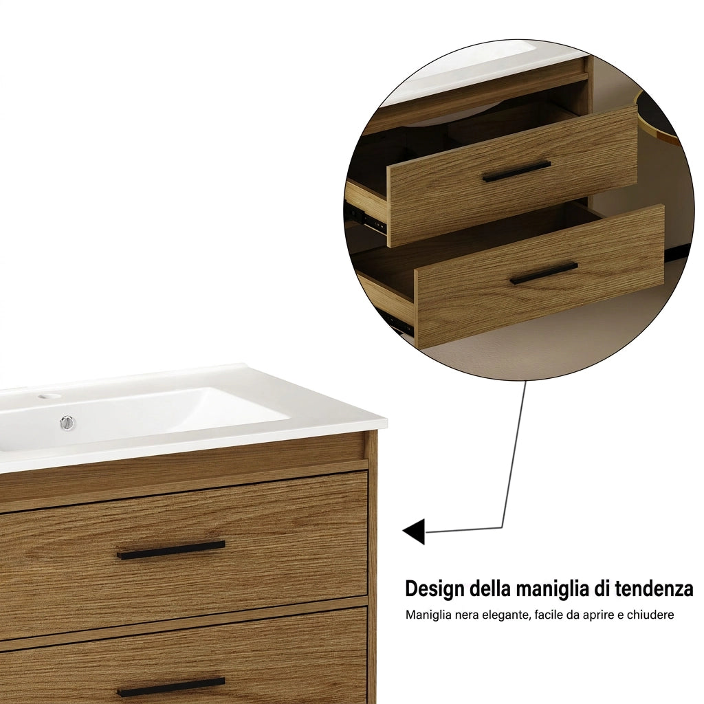 Mobile bagno con lavabo 75 cm; 2 cassetti; MDF e Ceramica; Rovere Chiaro