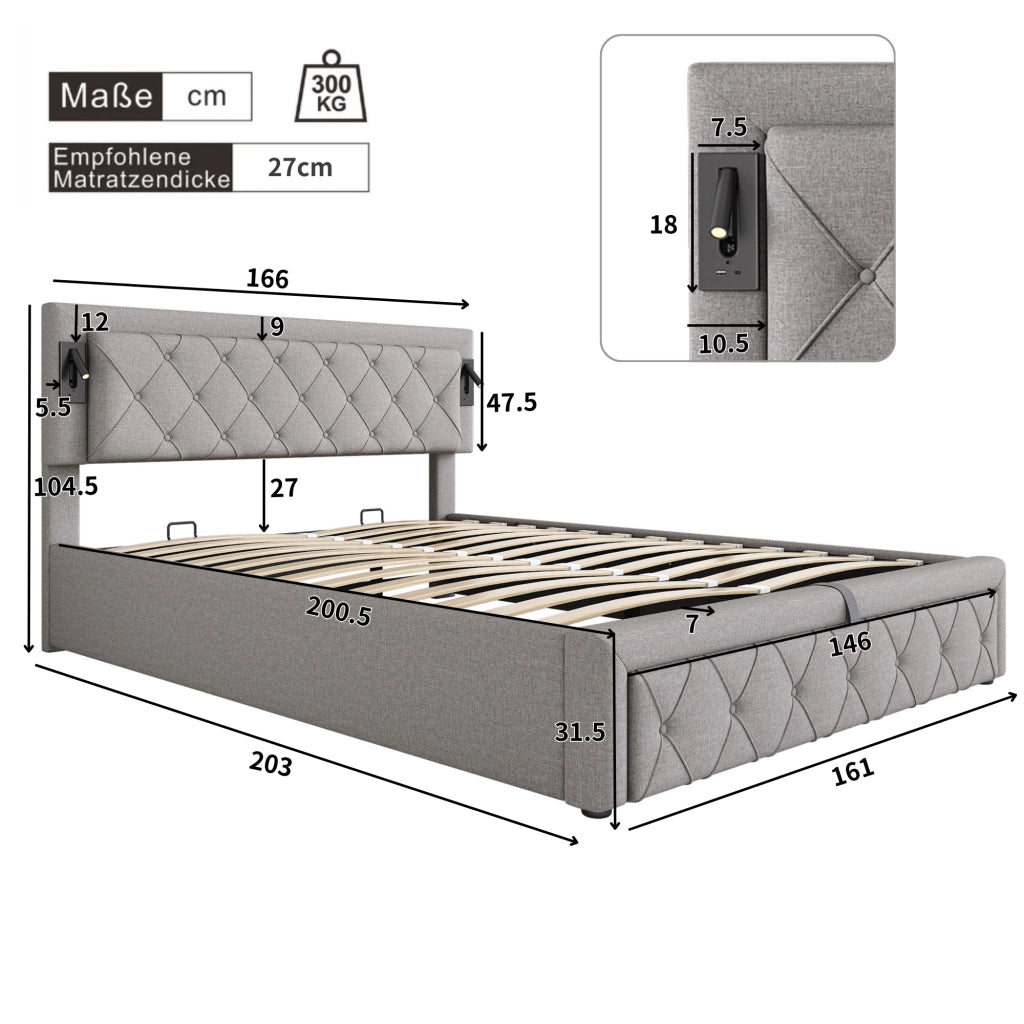 OKWISH Letto Contenitore 160×200 cm, Letto Matrimoniale con Contenitore, USB, Luci da Lettura e Testiera Imbottita, senza Materasso, Grigio