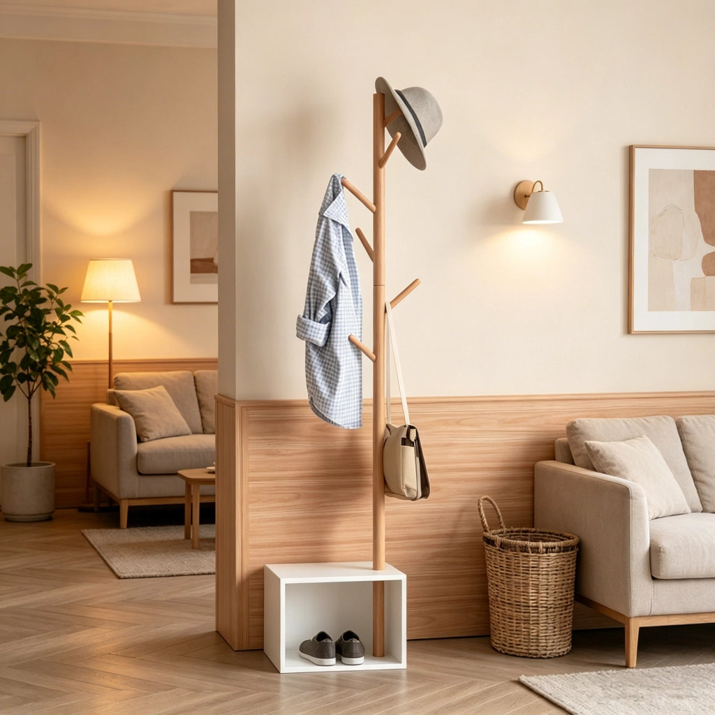 APPENDIABITI con panca e vano contenitore 40x30x180 cm Bianco/Bambù 6 ganci