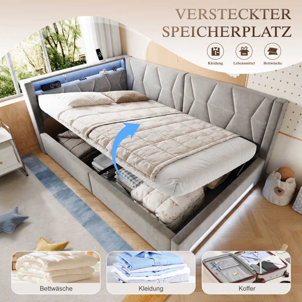 LETTO imbottito 140x200 cm con contenitore, velluto grigio scuro, LED, USB e Type-C