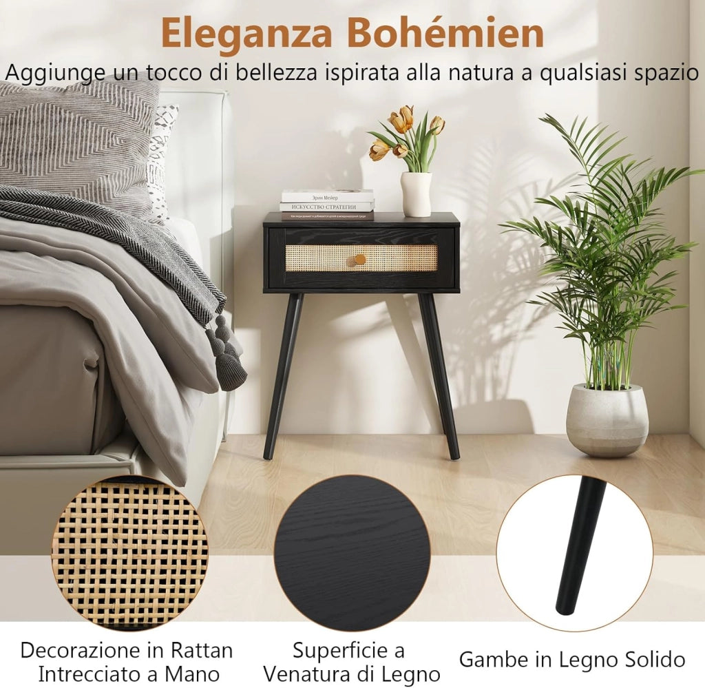 Comodino in Rattan 48 x 40 x 58 cm, Armadietto con Cassetto e Gambe in Legno Massello, Tavolino in Stile Boemia per Camera da Letto, Soggiorno e Salotto, Naturale