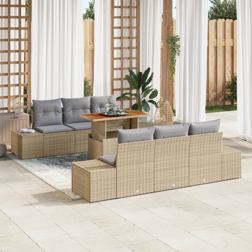 Set Divano da Giardino da 7 Pezzi con Cuscini Beige in Rattan Poliestere