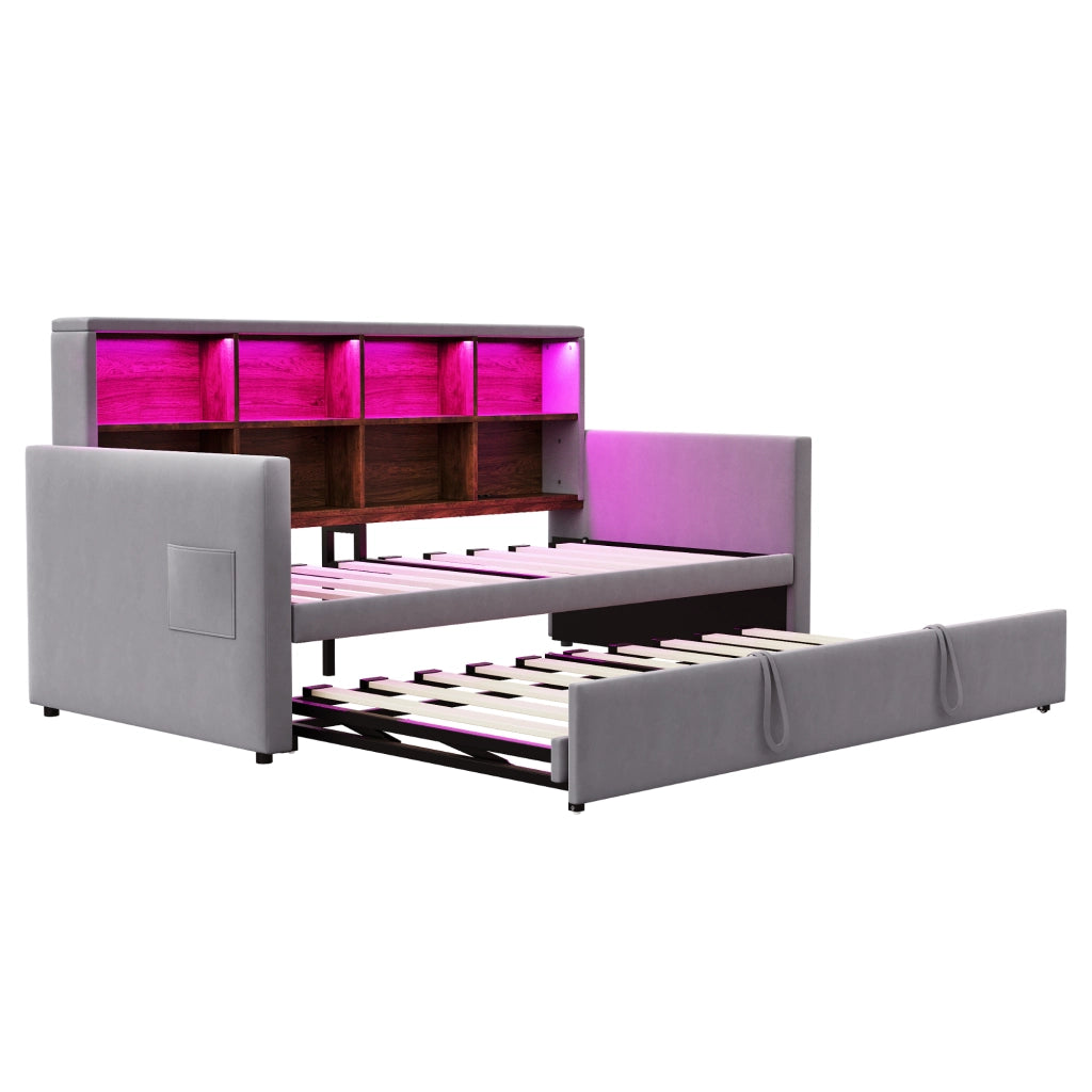 Letto imbottito 90x190 cm con letto estraibile, testiera con vani portaoggetti, LED e prese, velluto grigio scuro