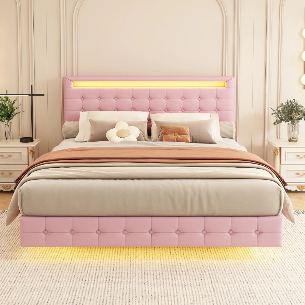 Letto Adulti 140×200 cm; Letto Matrimoniale con LED Regolabile e Testiera Regolabile; senza Materasso; PU; Rosa