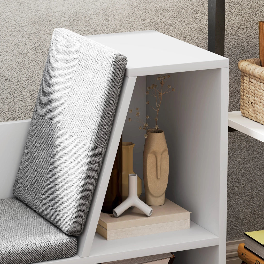 Libreria con seduta imbottita e 6 vani, bianca, 105x30x63 cm