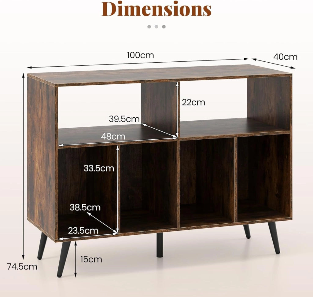 Supporto per giradischi in vinile, con ampio piano di lavoro, 6 scomparti, armadio a dischi in vinile, con kit anti-ribaltamento e piedini antiscivolo, per soggiorno, camera da letto (marrone)
