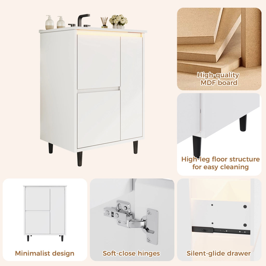 Mobile sottolavabo con lavabo in ceramica, 2 cassetti e 1 anta, per bagno, bianco, 61 × 46,5 × 87 cm