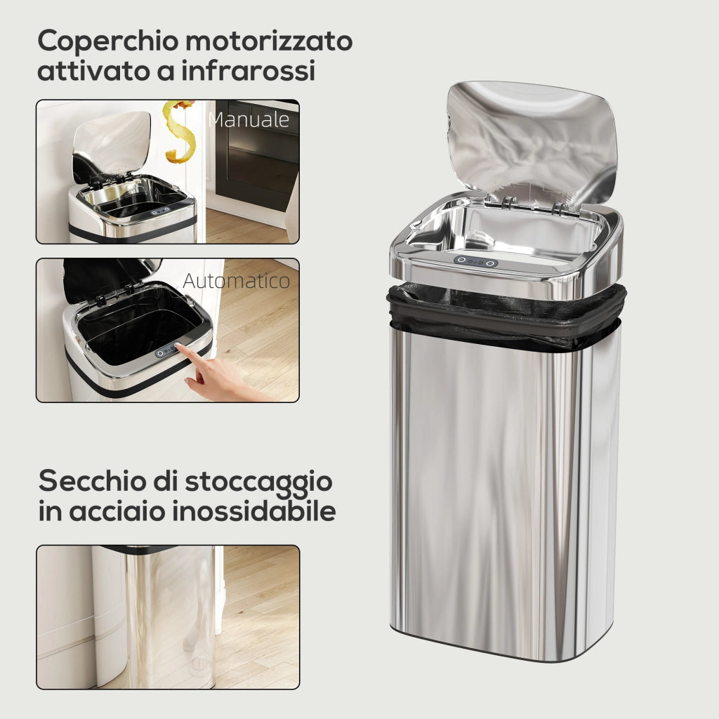 Bidone per Rifiuti da 30L con Sensore per Apertura e Chiusura Automatica 33x25x57,5 cm in ABS PP e Acciaio Argento