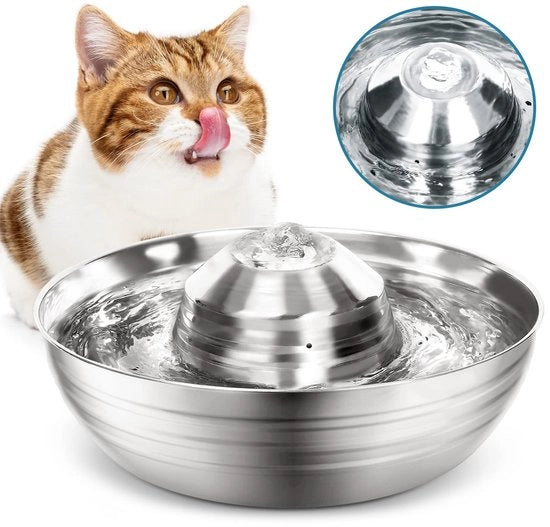 Fountain per Animali con Pompafiltro e Dispenser Acqua, 2L, in Acciaio Inossidabile, Silenzioso e Resistente al Lavarono