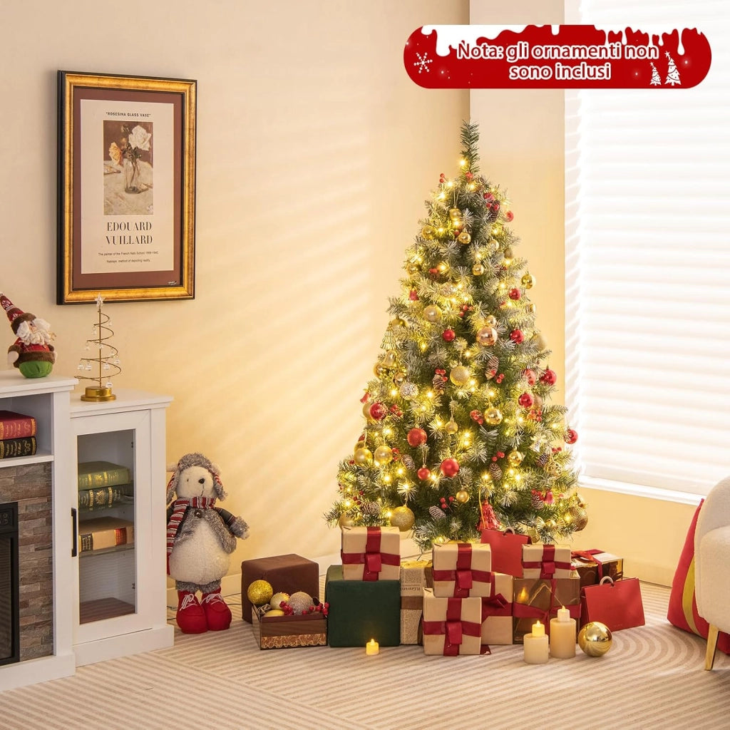 Albero di Natale Pre-Illuminato 150 cm, Albero di Natale con 200 Luci LED Bianche Calde, 8 Modalità di Illuminazione, 450 Punte di Ramo, Bacche Rosse e Pigne (150 cm)
