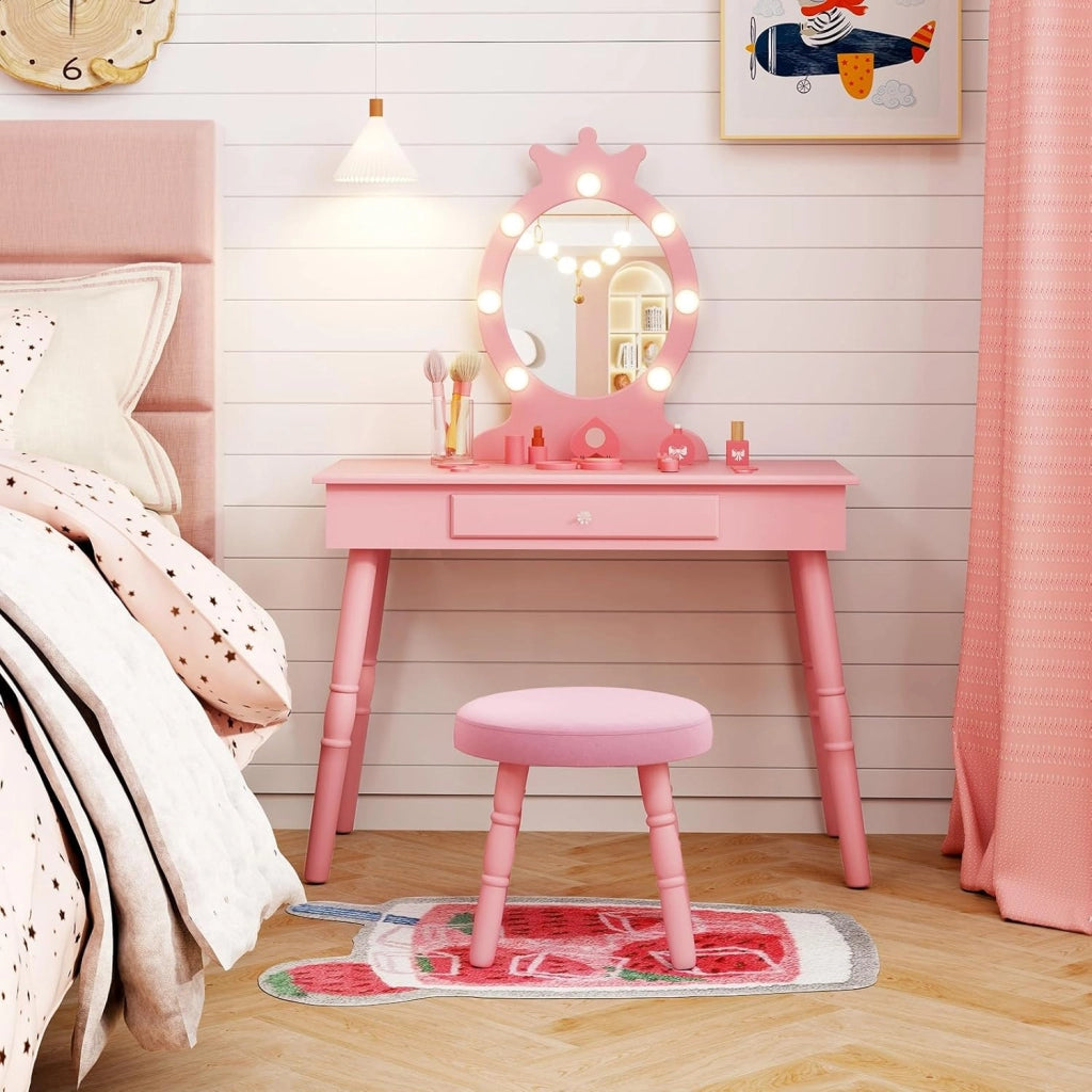Set Toeletta Trucco per Bambina con Sgabello, Specchiera Trucco Staccabile con Luci LED a 3 Colori, Postazione Trucco Giocattolo con Cassetto e Accessori, per Bambine di 3-7 Anni (Rosa)