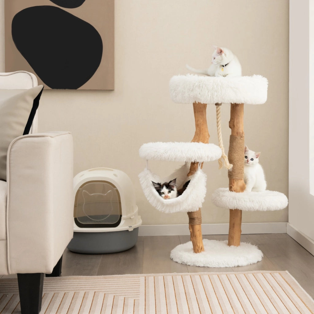 Albero tiragraffi per gatti in legno con pali di corda di iuta, Mobile per gatti con piattaforma e amaca Bianco-Alberi Tiragraffi