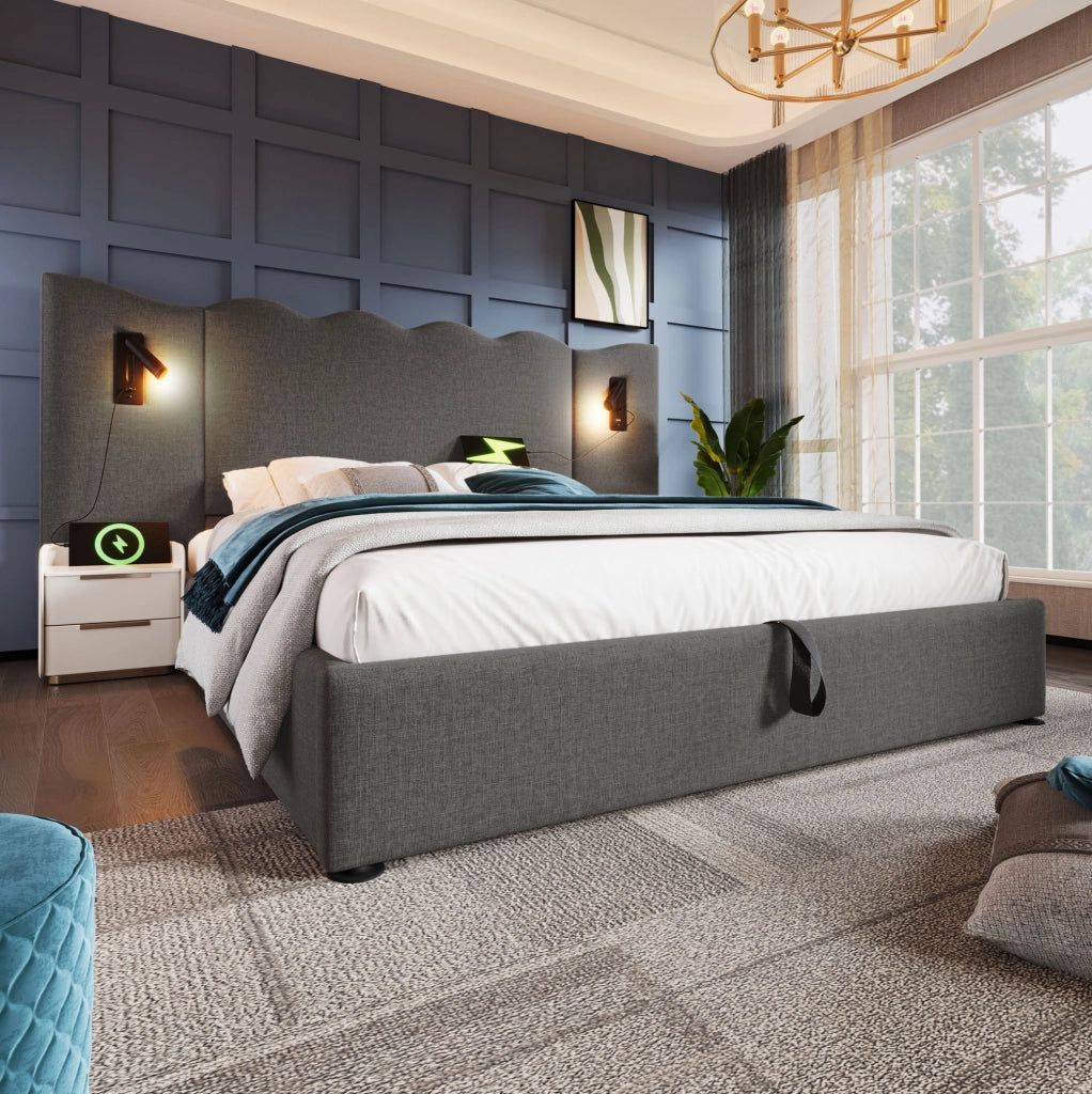 Letto contenitore 160x200 cm con lampade da lettura USB e Type-C; lino grigio
