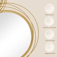Decorazione Murale 3D in Metallo, Wall Art a Cerchi con Specchi 107x56cm, Oro