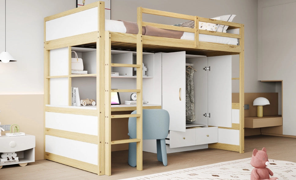 Letto a soppalco 90x200 cm in legno con scrivania, armadio e cassetti