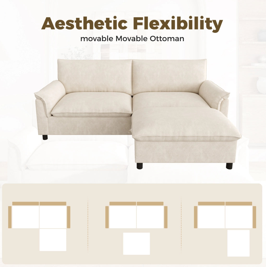 Divano modulare a nuvola con pouf mobile e vano contenitore 216x77x82 cm; chenille beige