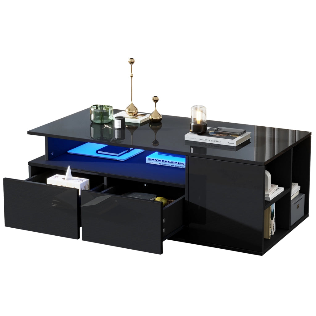 Tavolino da caffè 100x50x35 cm con LED; 2 cassetti; ripiano semiaperto; nero lucido