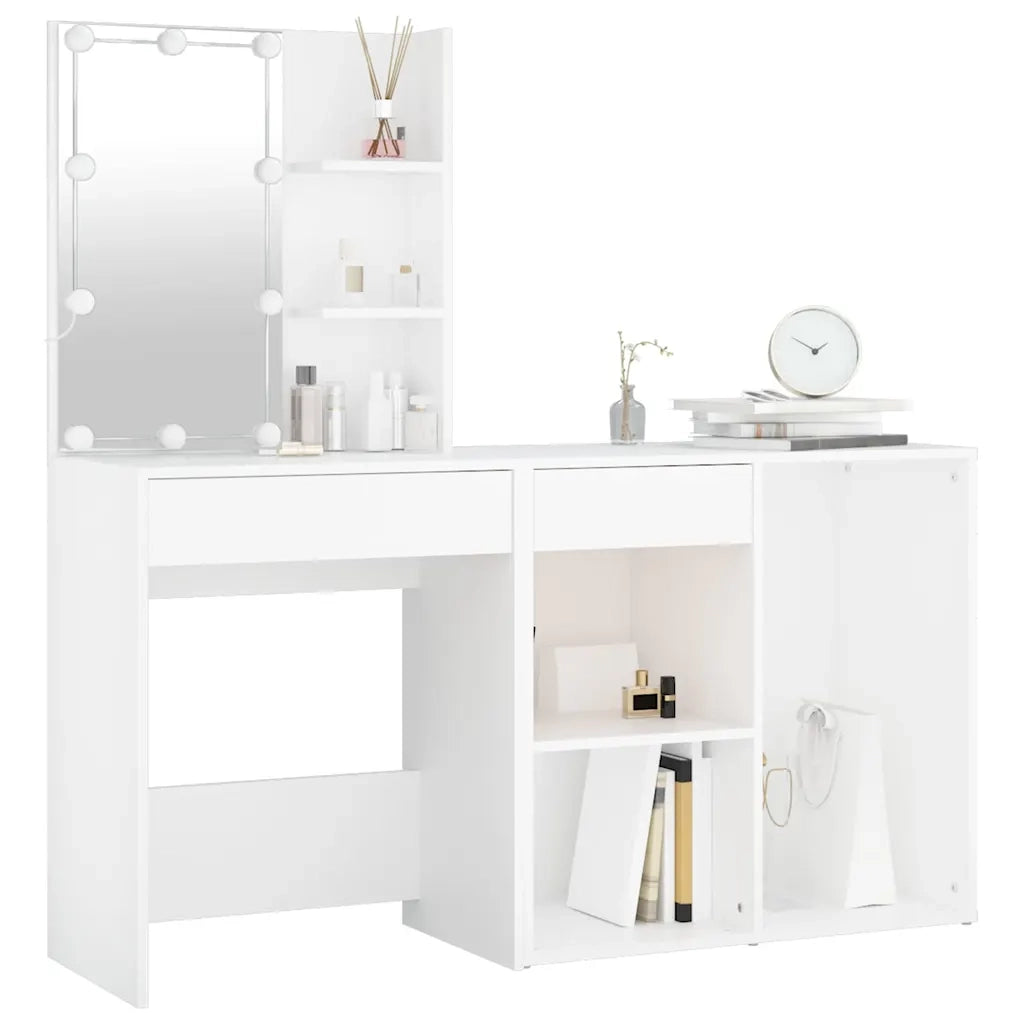 Toeletta | Tavolo da Trucco con LED e Armadietto Bianco in Legno Multistrato