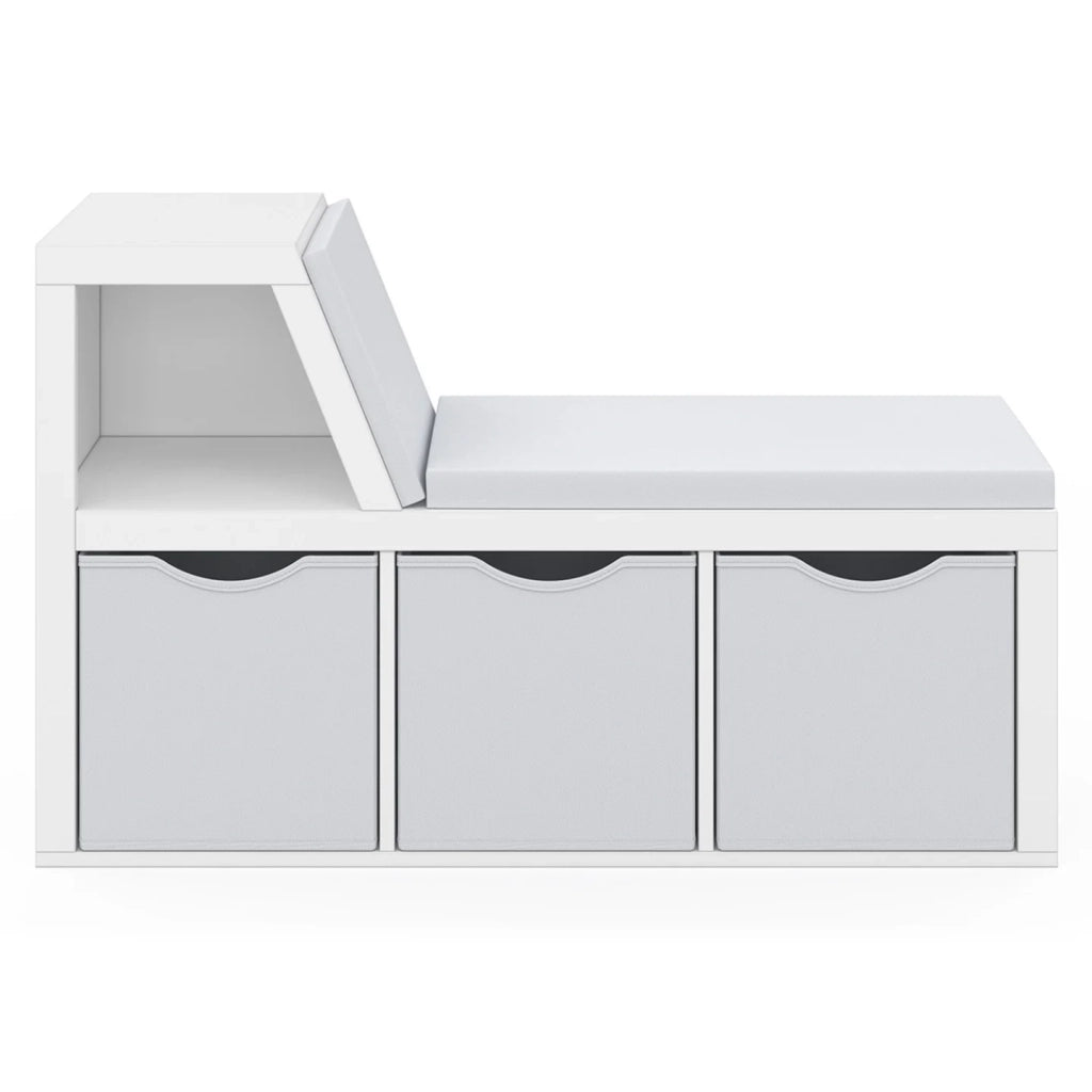 IDMarket - Panca libreria OSCAR 4 scomparti con cuscini grigi e vassoi in tessuto 102 cm bianco