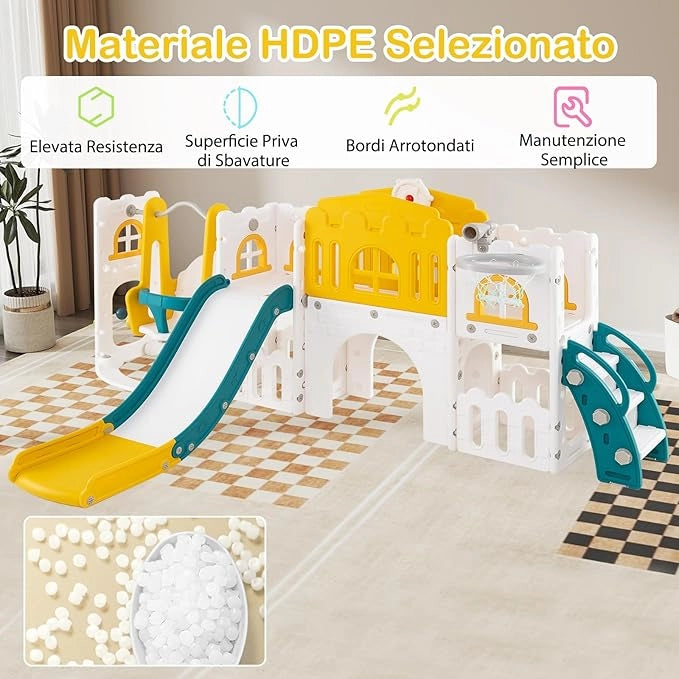 10 in 1 Parco Giochi per Bambini, Set Altalena e Scivolo con Canestro da Basket Telescopio Volante, Palestra da Gioco per Bambini 1 Anni + (Giallo)