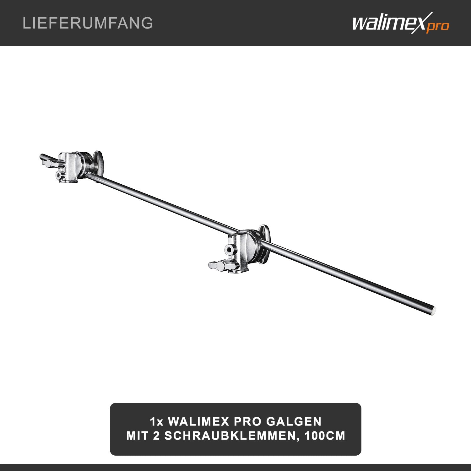 Braccio con 2 morsetti a vite, 100 cm - Ideale per luce incidente e testa, possibilità di applicazione versatile, braccio stabile, caricabile fino a 10 kg