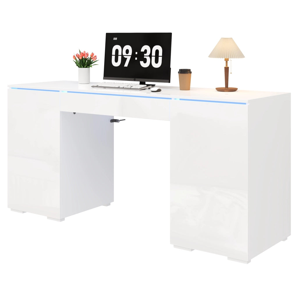 Scrivania moderna lucida 140 x 50 cm con LED, 1 cassetto, 2 ante e ampio spazio contenitivo, bianco