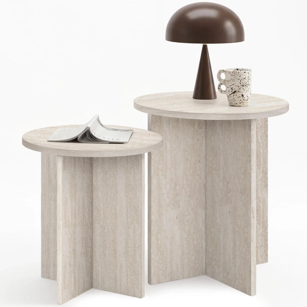 IDMarket - Set di 2 tavolini rotondi, tavolini da salotto, comodini MARTHE 35/40 cm in legno effetto travertino