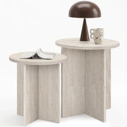 IDMarket - Set di 2 tavolini rotondi, tavolini da salotto, comodini MARTHE 35/40 cm in legno effetto travertino
