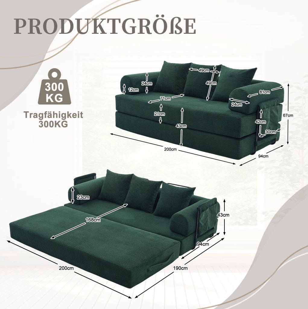 Divano modulare 200x94 cm in velluto a coste verde smeraldo con 3 cuscini