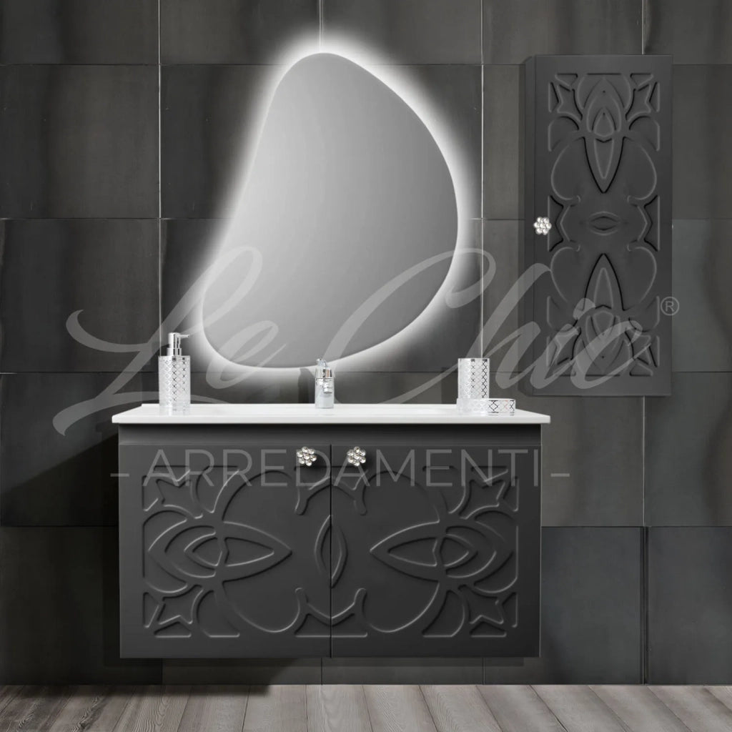 Mobile bagno nero sospeso stile Luxury con colonna - 120 cm, Rettangolare con applique