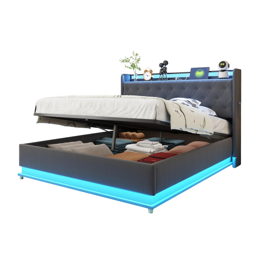 Letto Matrimoniale 140x200 cm; Contenitore; USB e LED; Struttura Letto in Metallo; Grigio