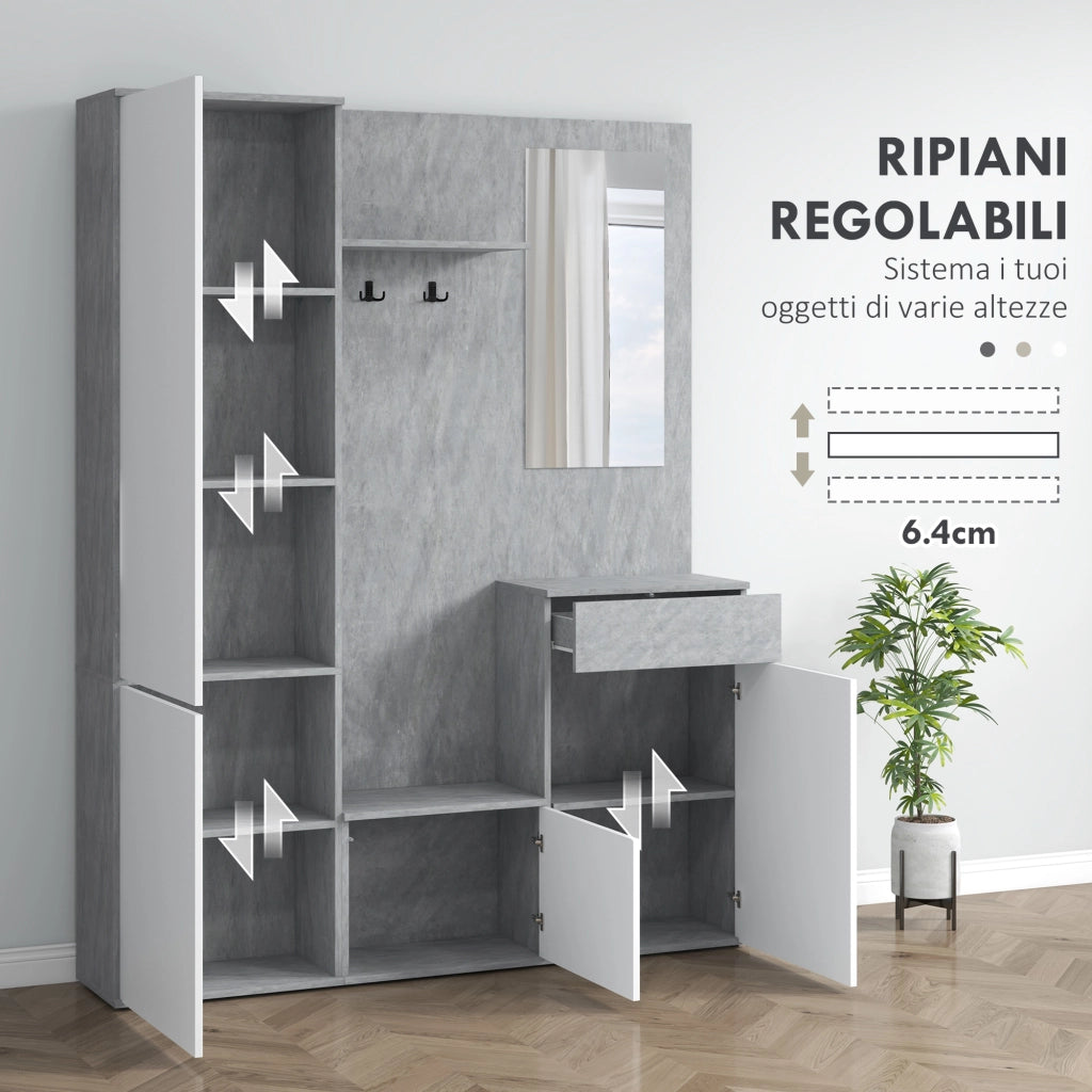 Mobile Ingresso con Specchio, Ganci e Ripiani ¨C Zephmum ¨C Grigio e Bianco, Legno, 145x29x184 cm