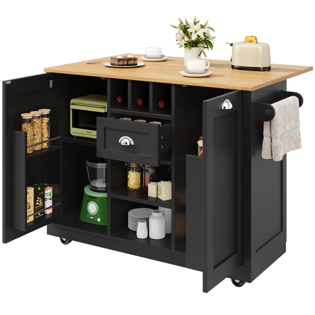 OKWISH Carrello da Cucina con 2 Ante e 1 Cassetto, Portaasciugamani, Portabottiglie e Ruote, per Cucina, Nero