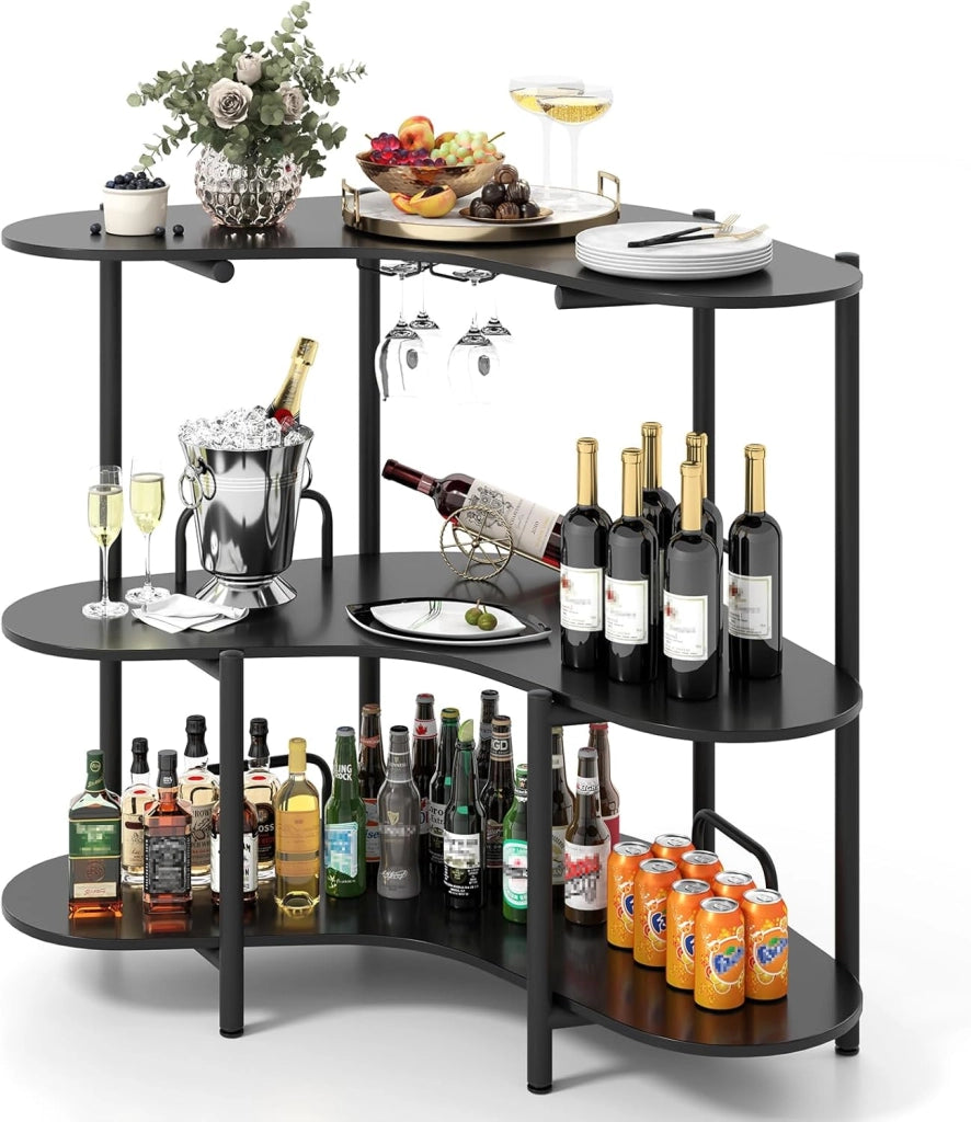 Tavolo da Bar 120 x 66 x 102 cm, Portabottiglie Vino a 3 Ripiani con Portabicchieri e Mensole di Stoccaggio, Isola Cucina Industriale per Bistro (Nero)