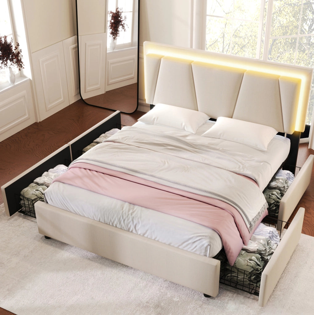 Letto 160x200 cm con testiera regolabile; LED e 4 cassetti in legno e tessuto di lino beige