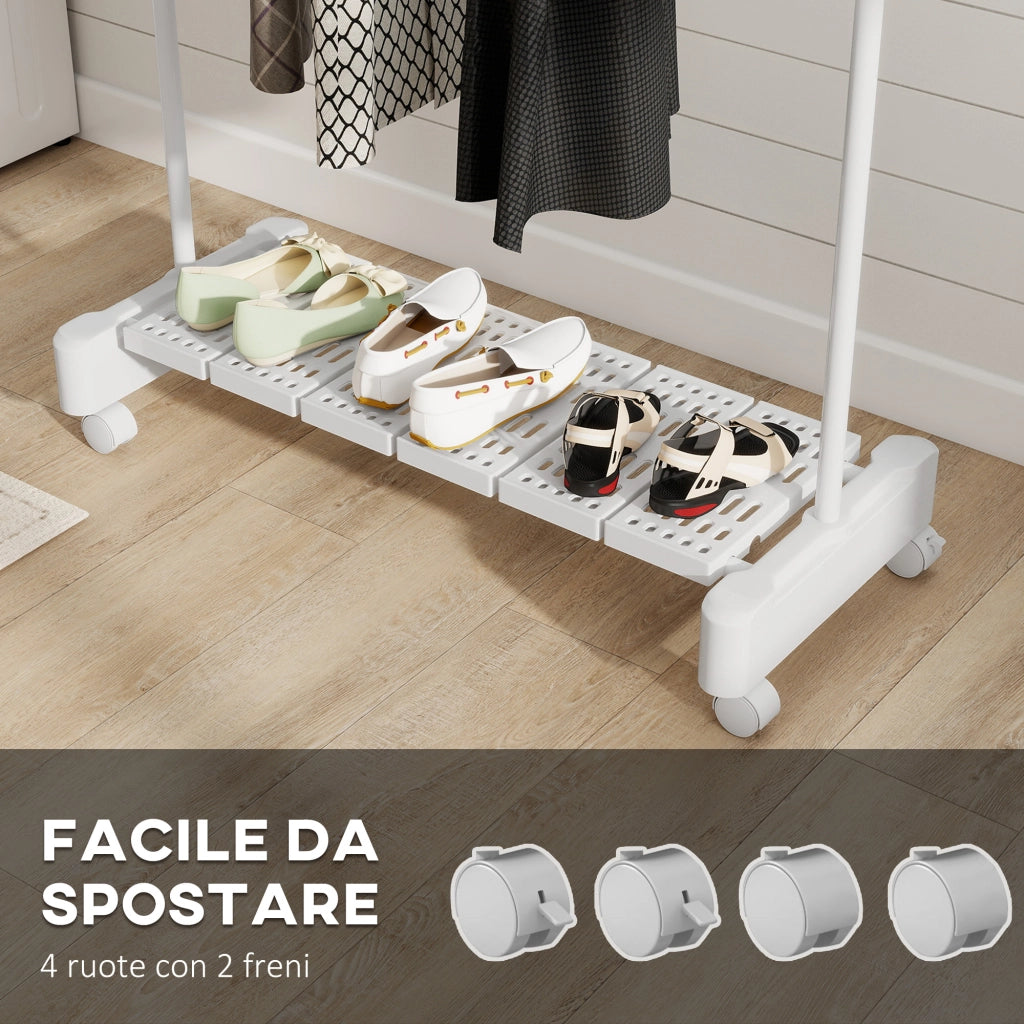 Stendibiancheria Estensibile con Ruote Acciaio Inox e Ripiano Porta Scarpe Bianco