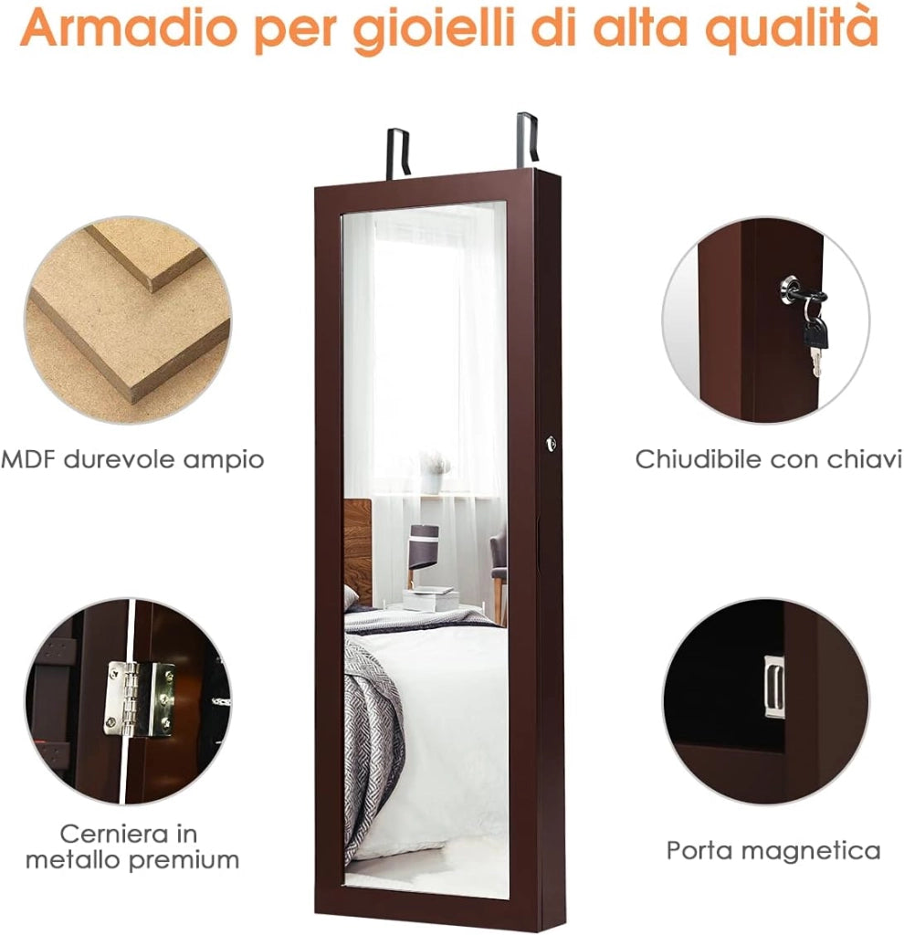 Armadio per Gioielli con 2 luci LED, con Specchio a Figura, Organizer Montato al Muro con Ganci Regolabili per Appendere, Armadio Portagioie per Truccarsi (Marrone)