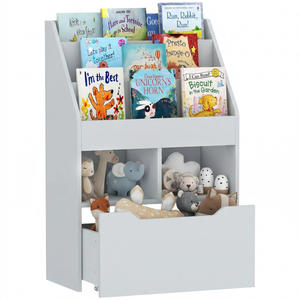 Libreria per Bambini con 3 Ripiani, 2 Cubi e Cassetto con Ruote ¨C Zephmum ¨C Grigio 60x30x90 cm