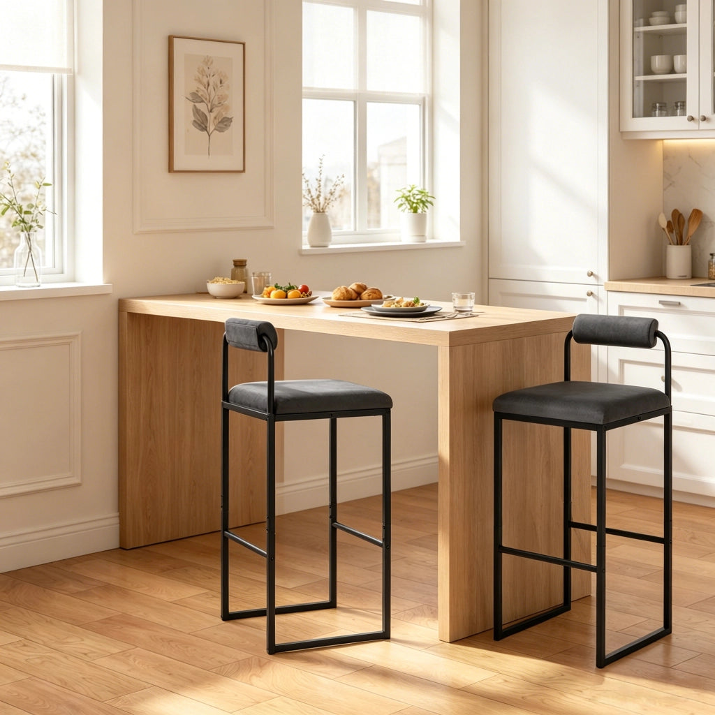 Set di 2 sgabelli da bar moderni con schienale in velluto grigio scuro, altezza seduta 75 cm