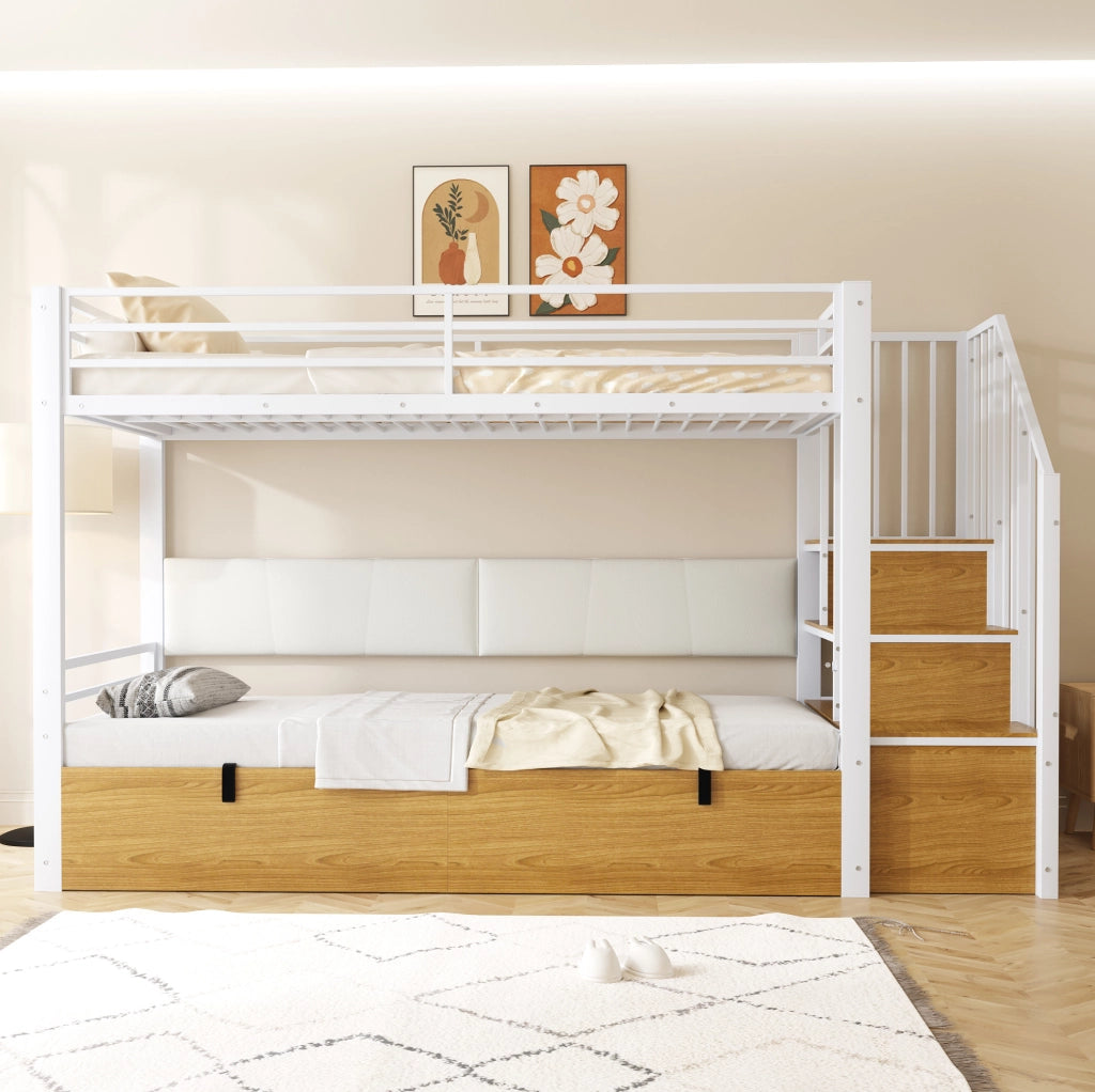 Letto a castello multifunzione 90x200 cm con contenitore e scala reversibile; bianco