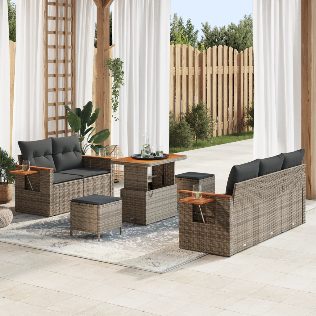 Set divano da 8 pezzi con cuscini grigio polirattan acacia