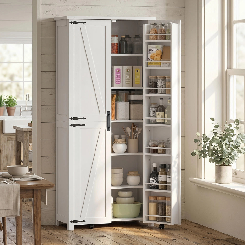 Armadio da cucina ¨C zephmum ¨C 2 ante con ruote, 6 scomparti, 14 portarack, ripiani regolabili, bianco