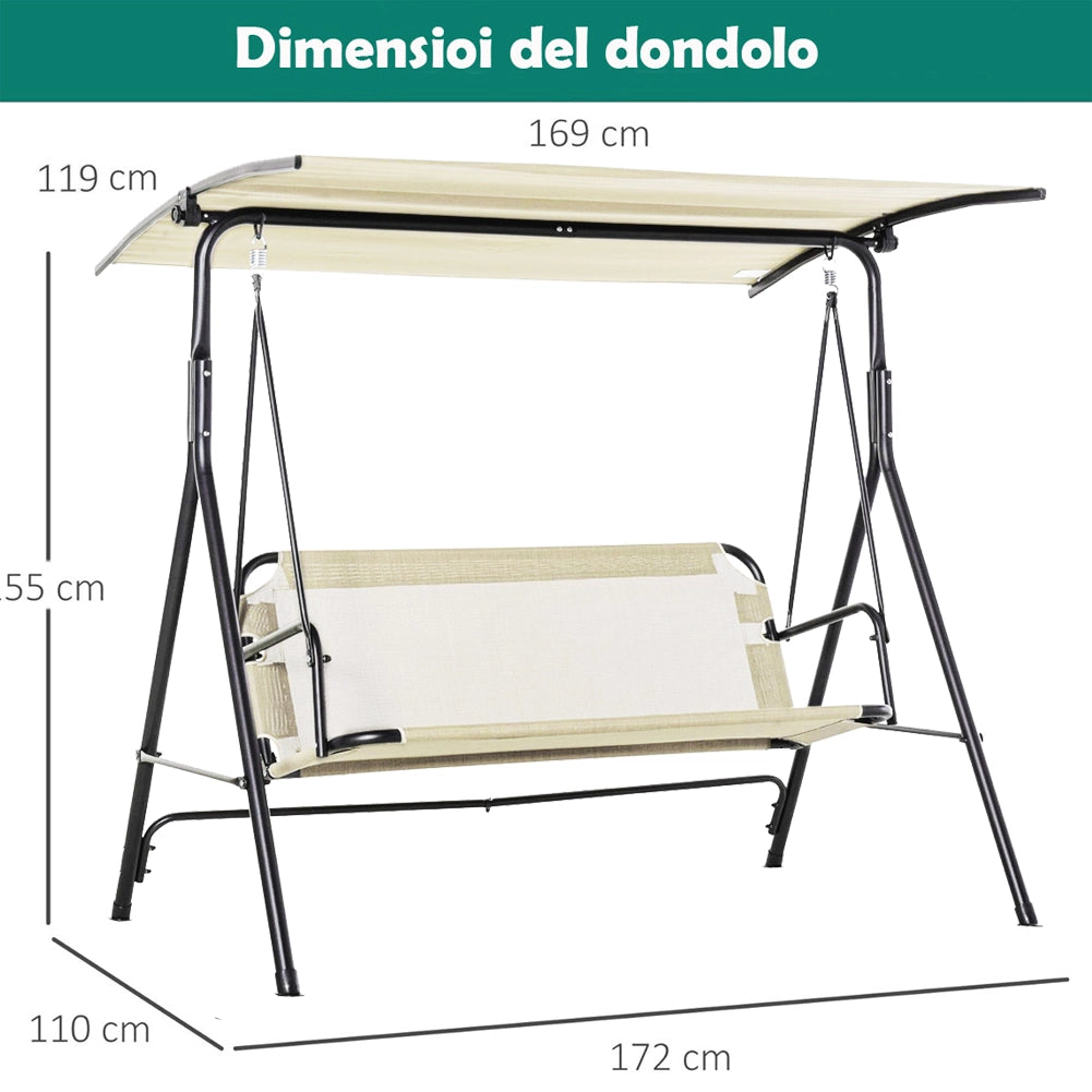Dondolo da Giardino 3 Posti Tettuccio Parasole Regolabile 172x110x155 cm Beige