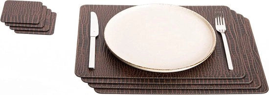 Set di Piatti e Sottopiatto in Pelle Reciclata - 8 pezzi - Nero - 40 x 30 cm