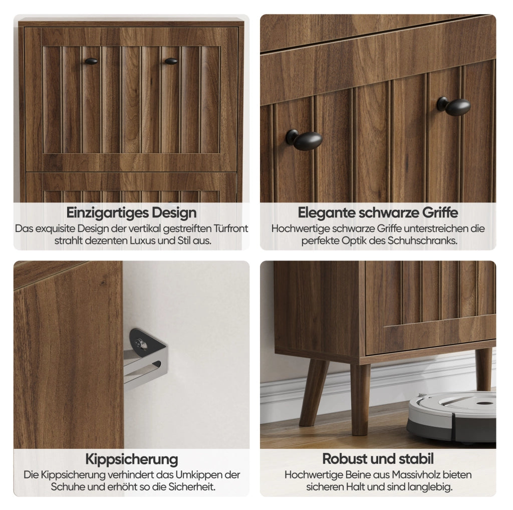Scarpiera slim in stile Mid-Century; 60x24x95 cm; effetto noce con finitura scanalata