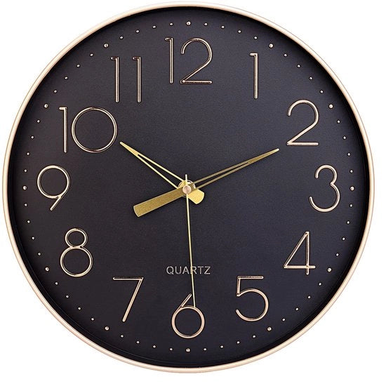 Orologio da parete nero 12 pollici silenzioso non ticchettante con numeri d'oro, orologio Arabo decorativo rotondo per soggiorno, camera da letto, cucina (batteria non inclusa)