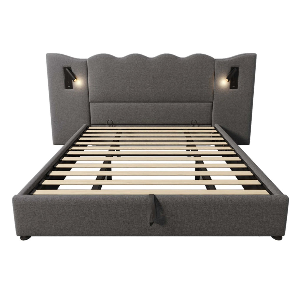 Letto contenitore matrimoniale 180x200 in lino grigio con luce lettura USB Type-C