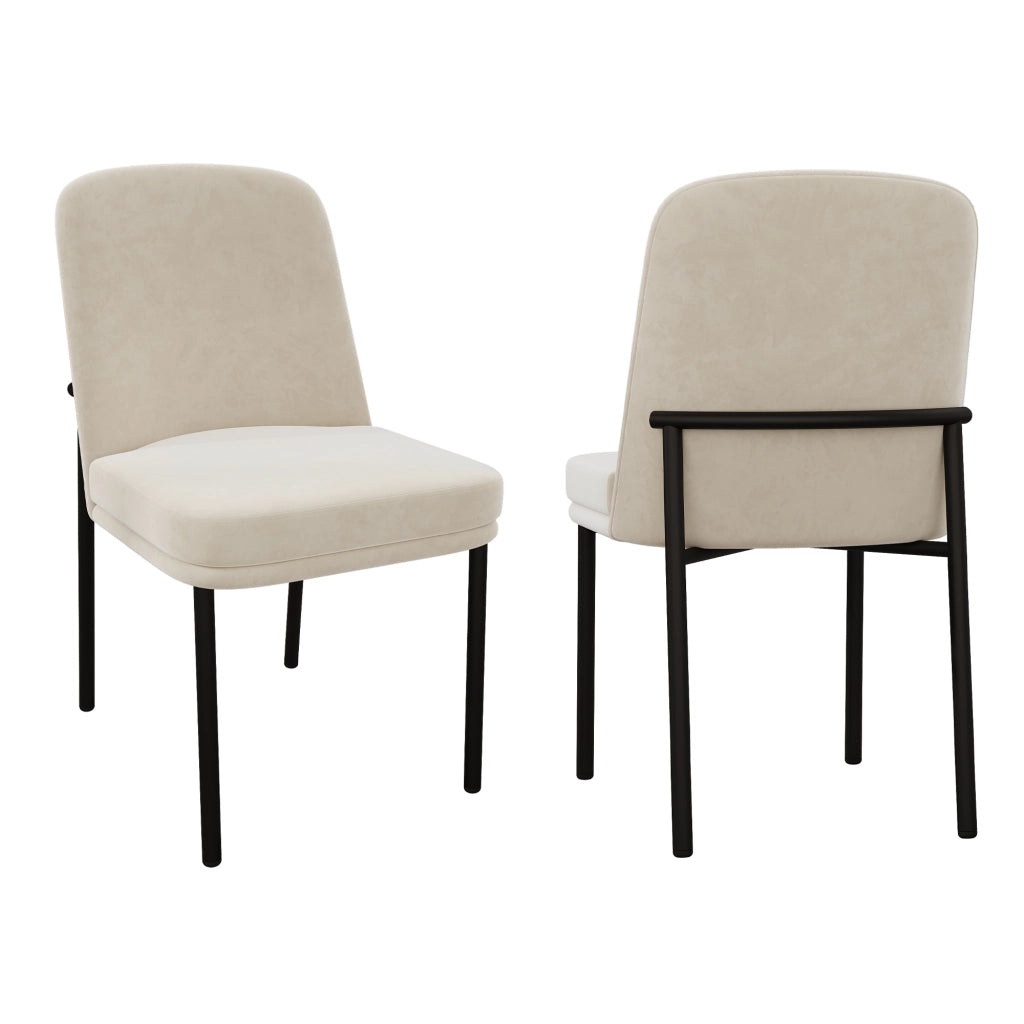 Set di 2 sedie da pranzo in velluto beige con struttura in metallo nero, seduta imbottita, stile moderno minimalista