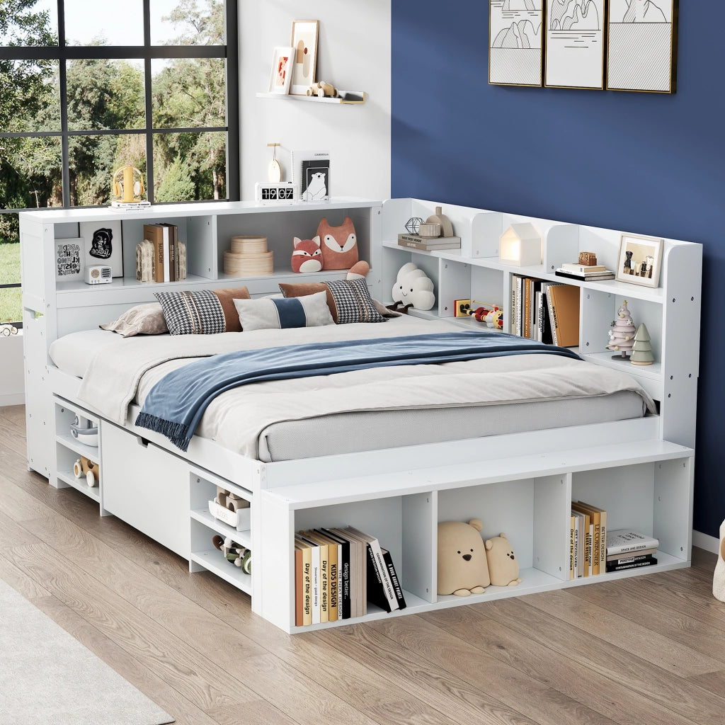 OKWISH Letto Bambini 140×200 cm, Letto Singolo con 1 Cassetto, Libreria e Armadietti, senza Materasso, in Multistrato, Bianco